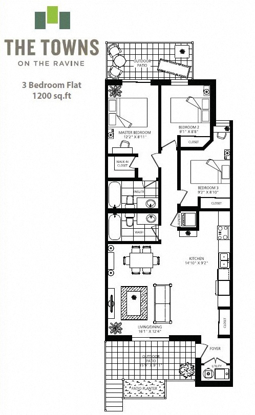 Floor plan for 3 beds, 2 baths, 1200 sqft